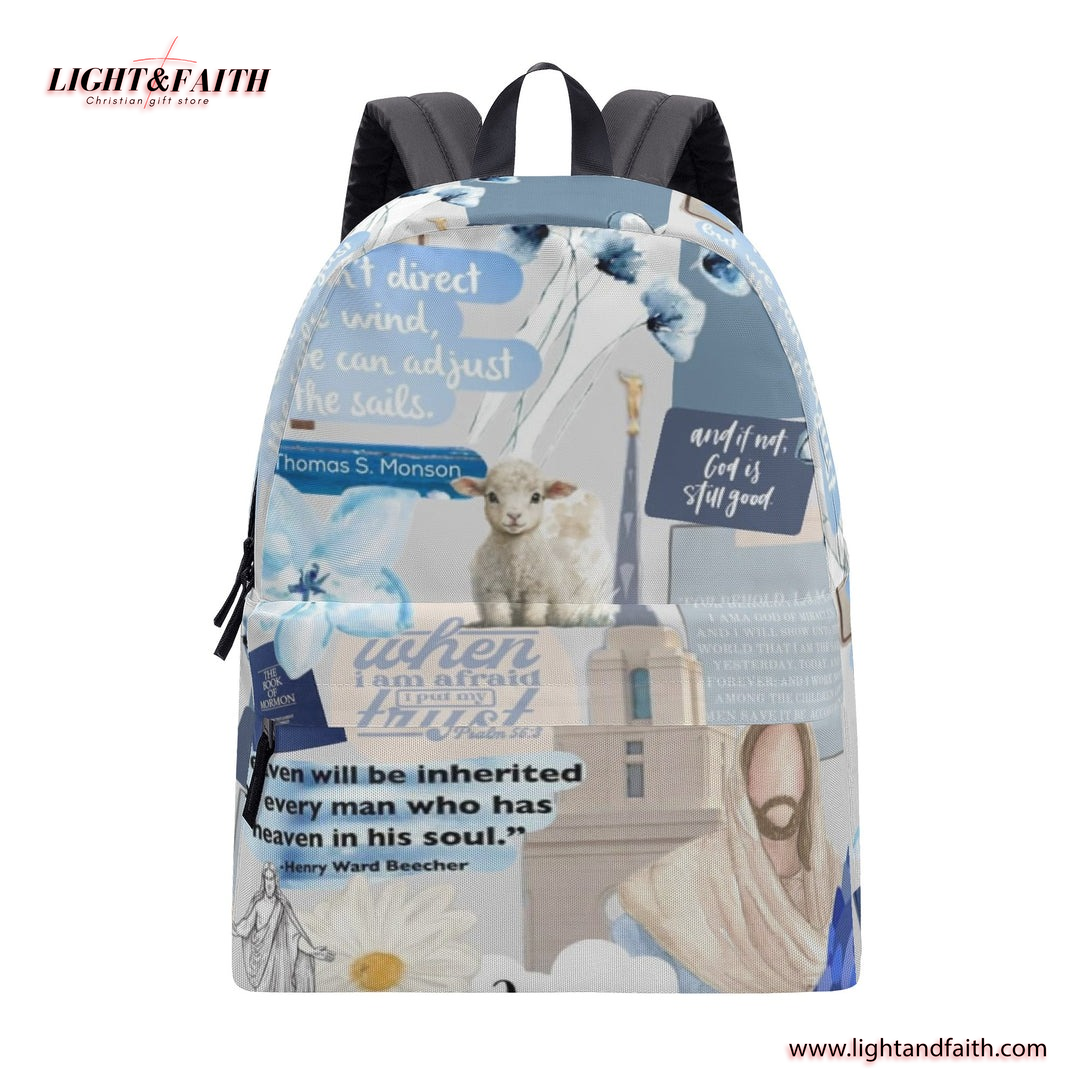Blue Christian Collage Backpack, Inspirational Bible Verse Backpack, Trust in God School Bag, Religious Motivational Gift.PLAF42